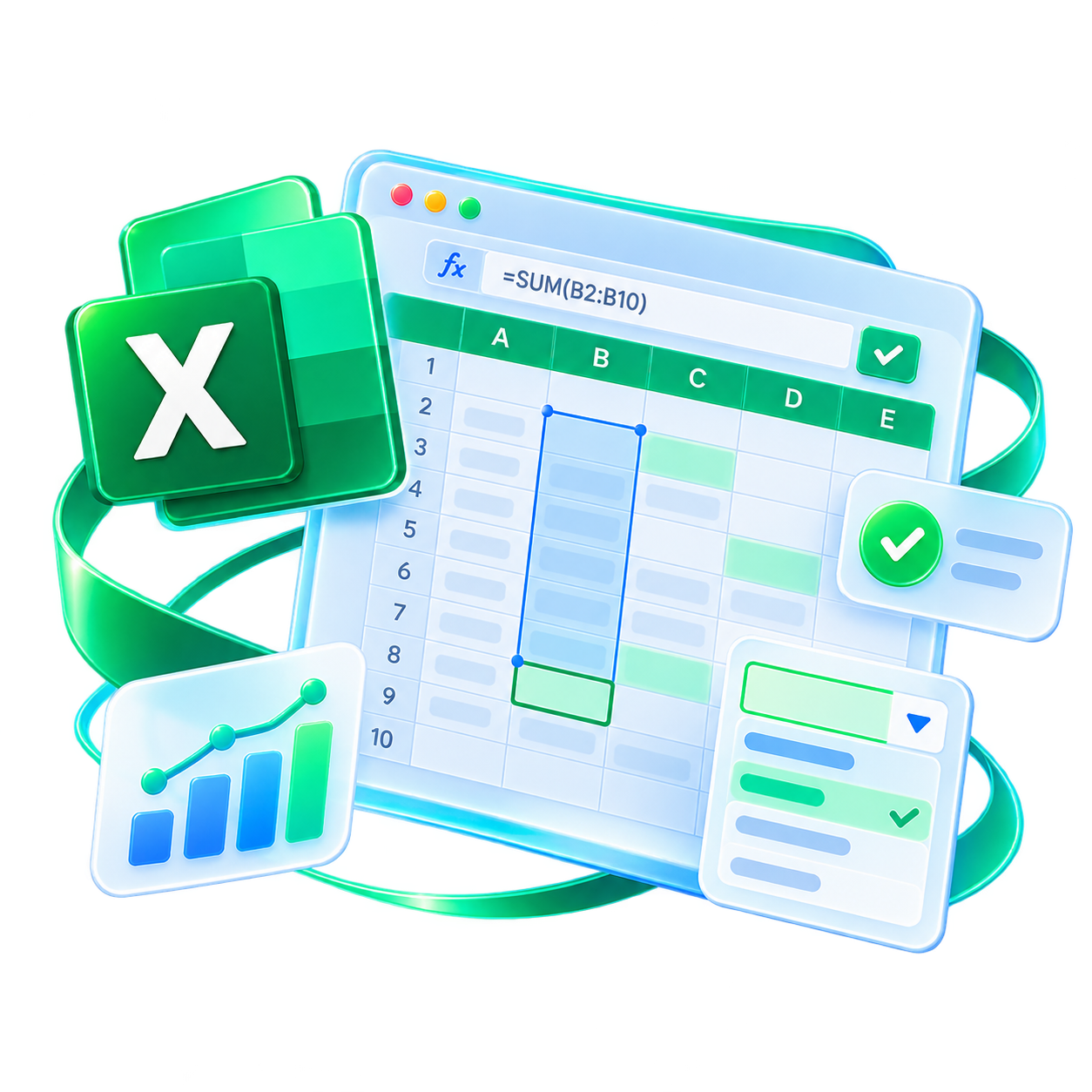 带绿色 X 标识、数据表格和图表的 Excel 插画