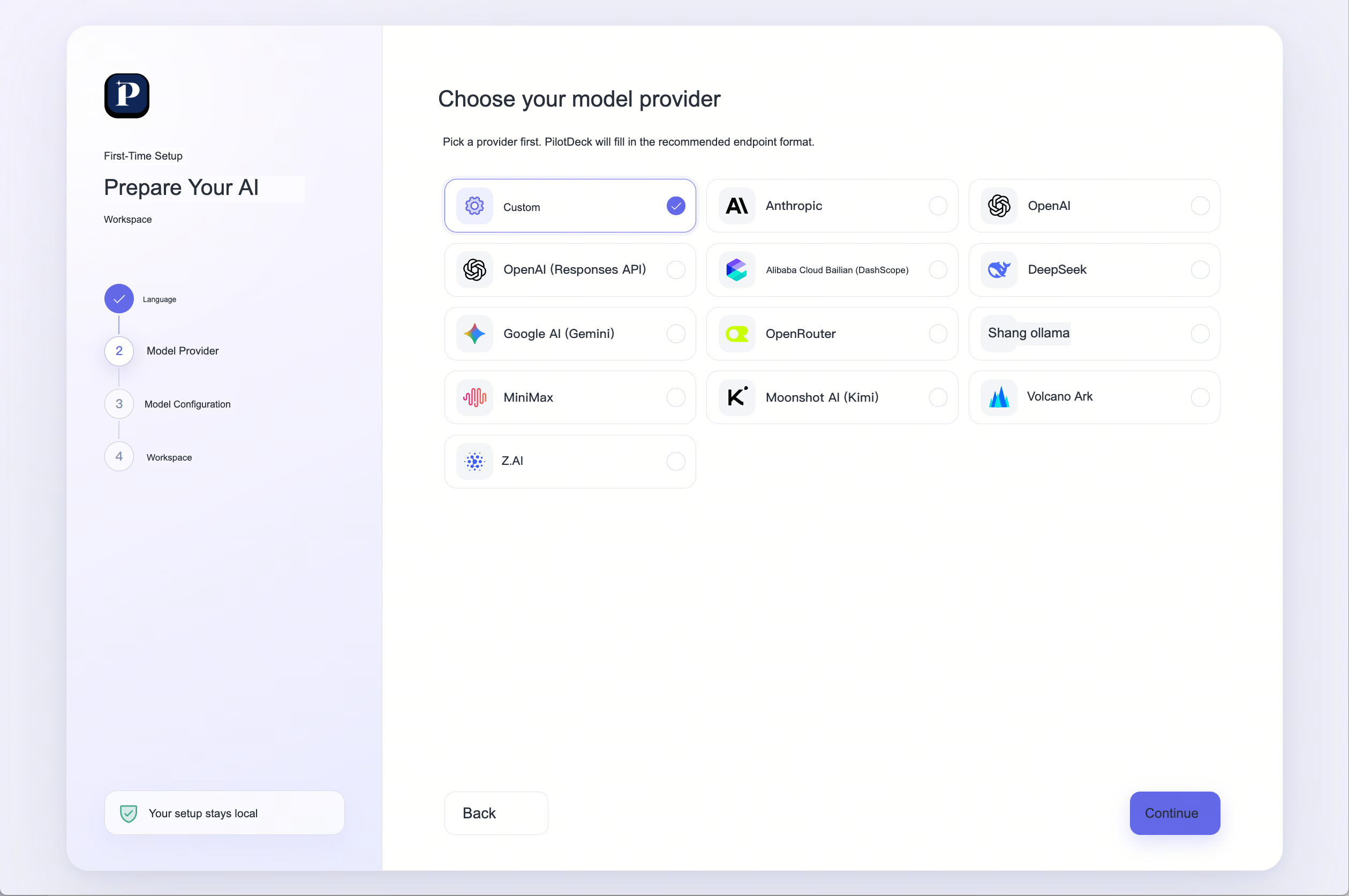 Choose a preset or custom model service provider
