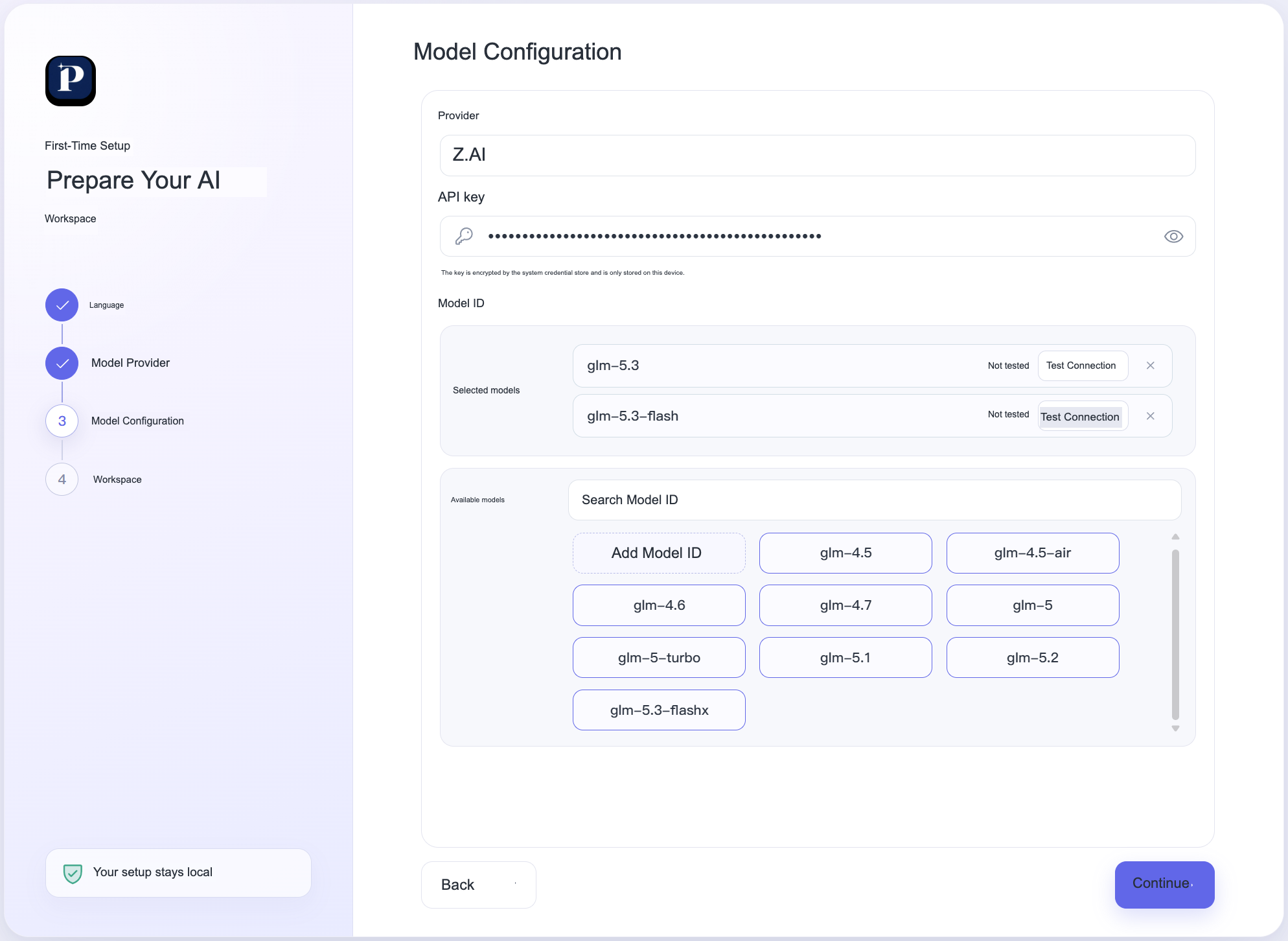 Zhipu Z.AI model access configuration interface