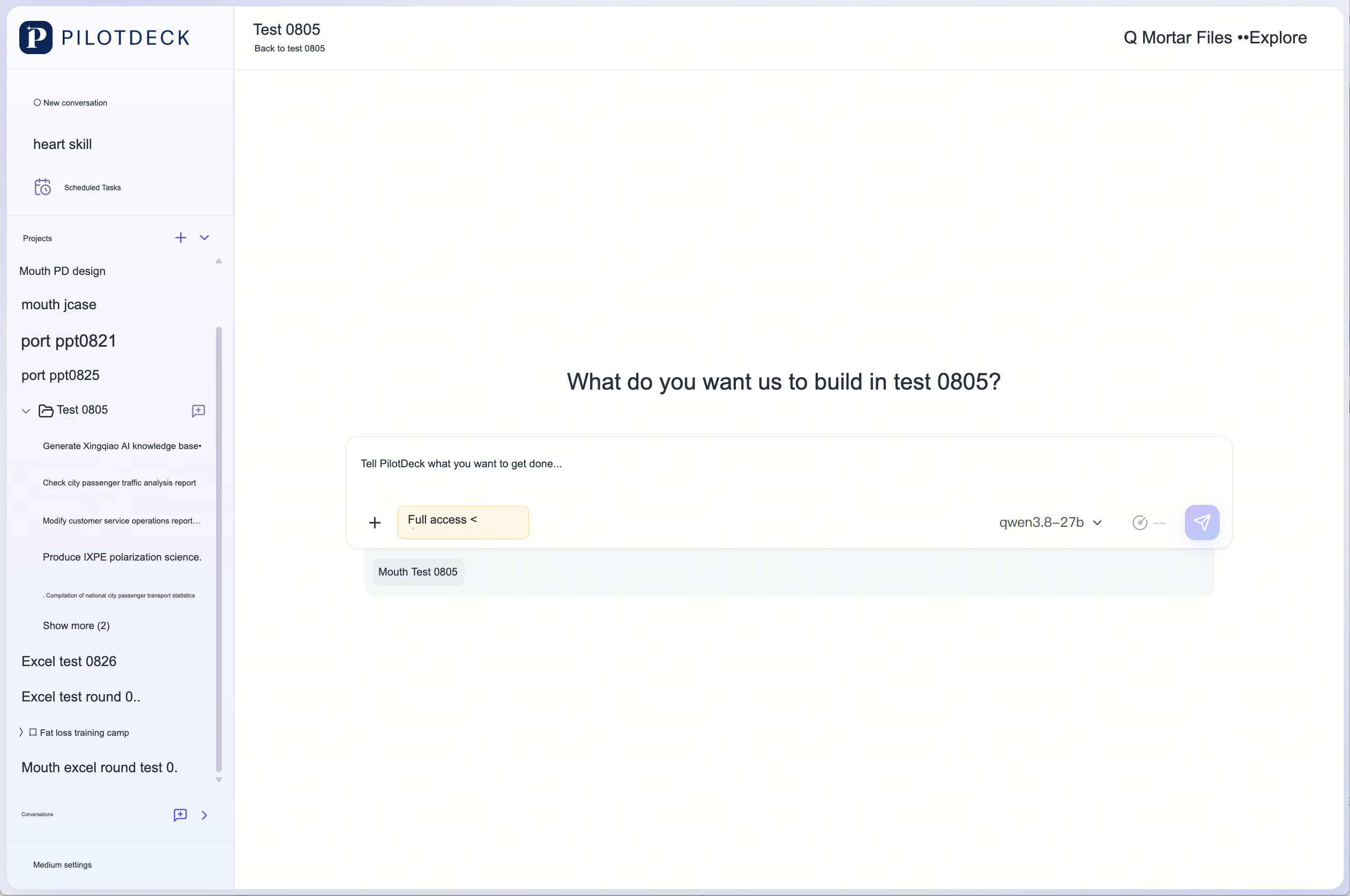 PilotDeck work interface: project list, dialog area and file entry