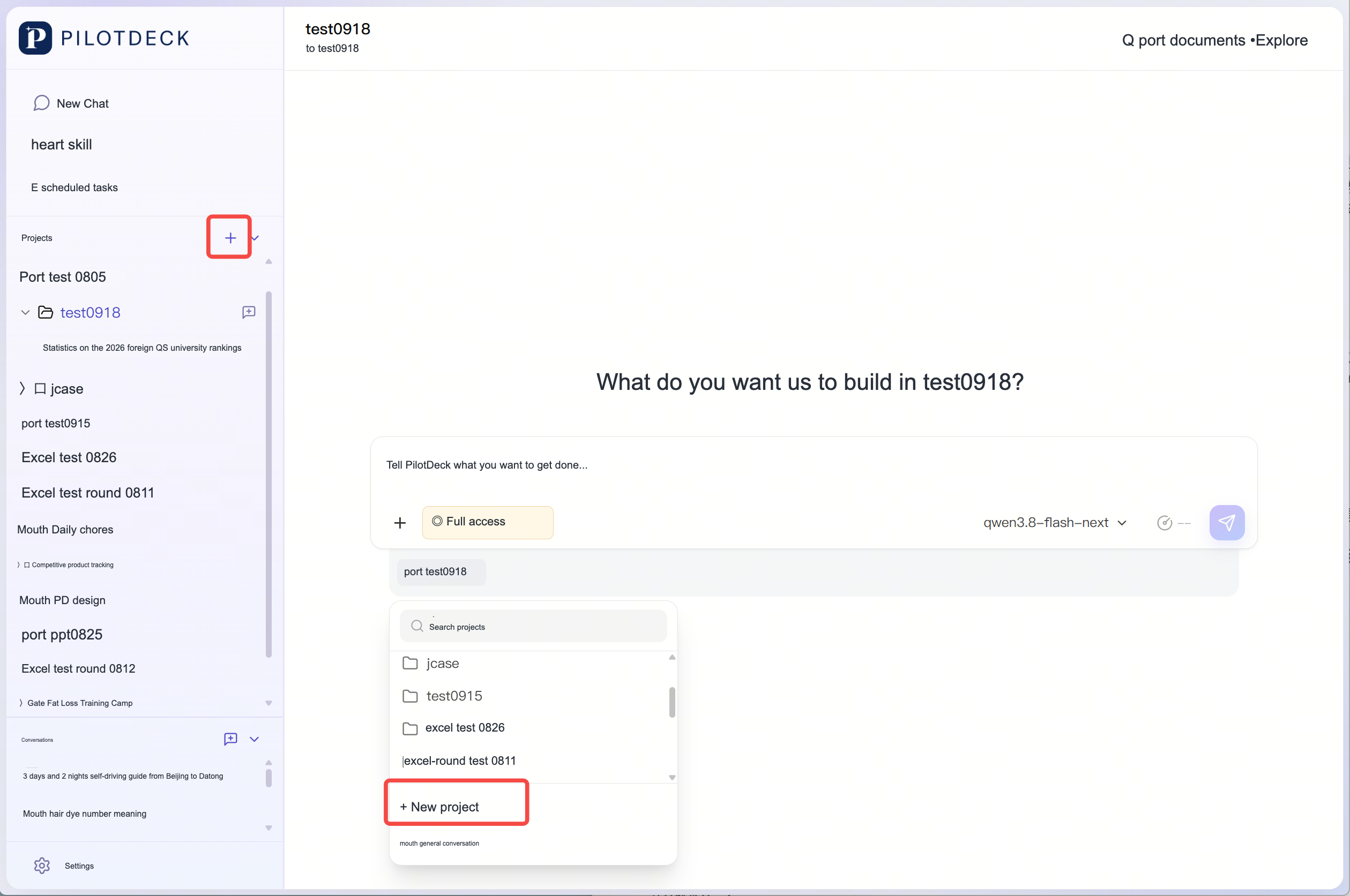 Create a project: the plus sign next to the project title on the left, and New Project in the project selector below the input box