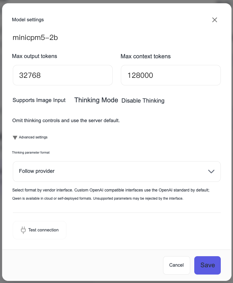 Model setting pop-up window, you can set the maximum output token, maximum context token and thinking mode