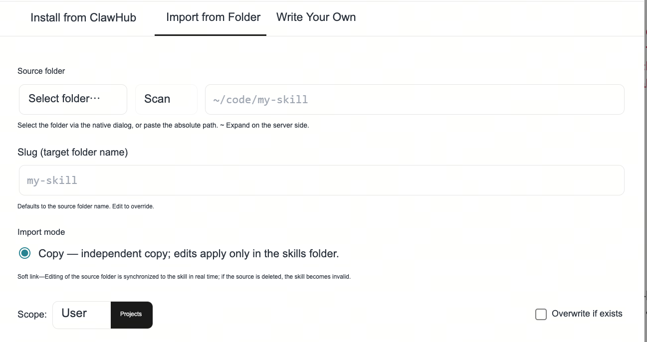 Import skills from folder: select source folder, import method, and user or project scope