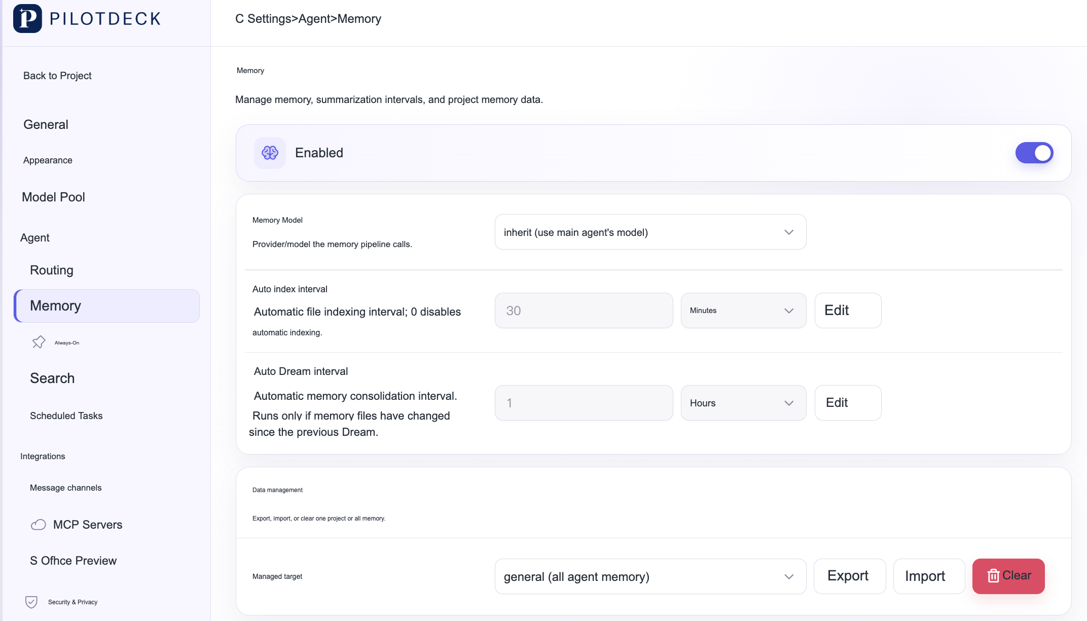 Memory settings page showing enabling memory, memory model, automatic index interval, automatic dream interval and data management