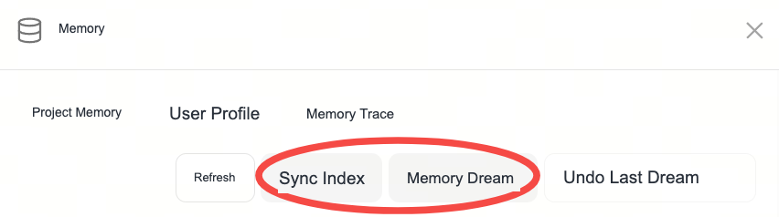 Index Sync, Remember Dream and Scroll Back Last Dream buttons in Memory Panel
