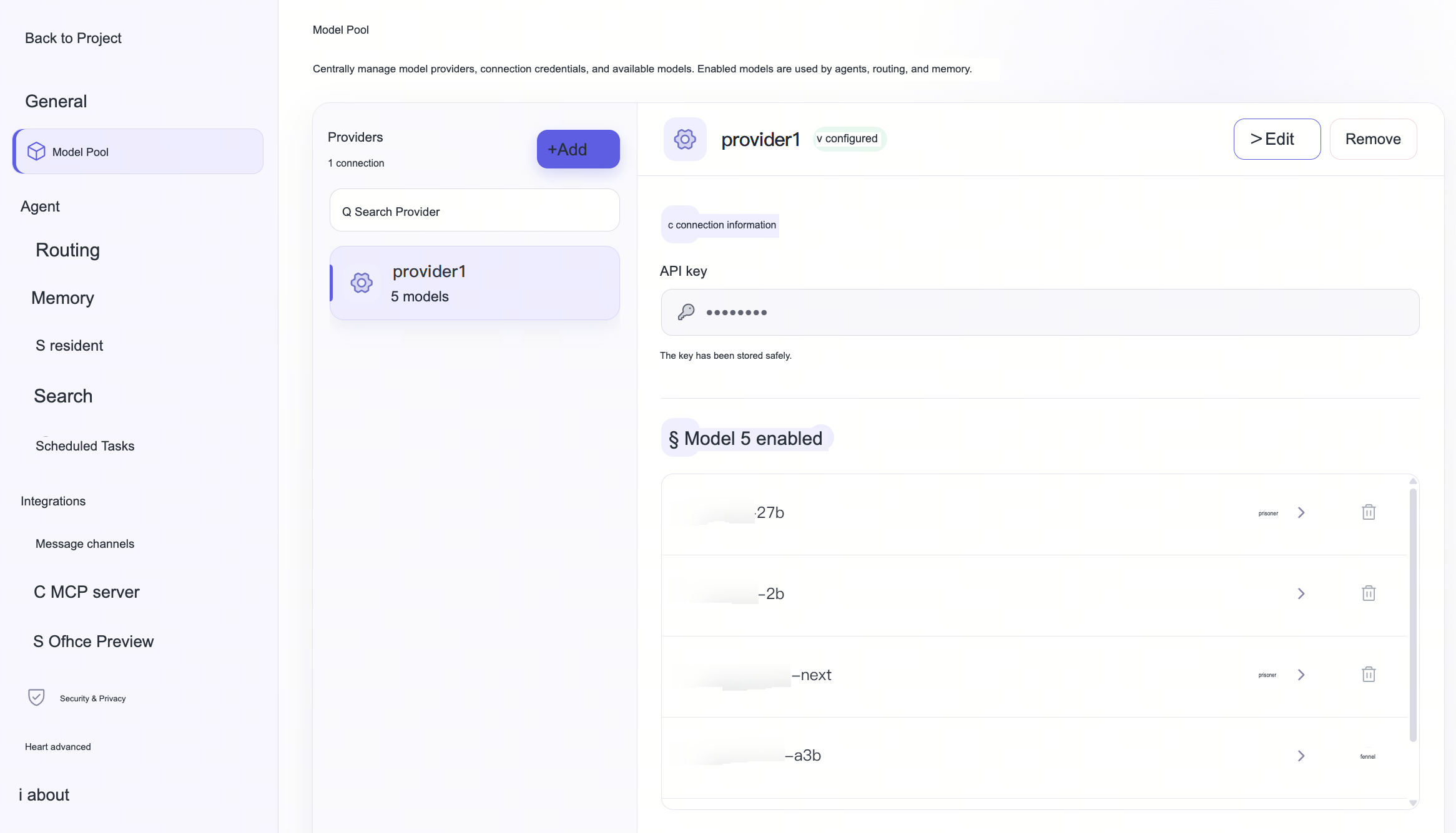 Model pool page in settings to add model providers and manage enabled models