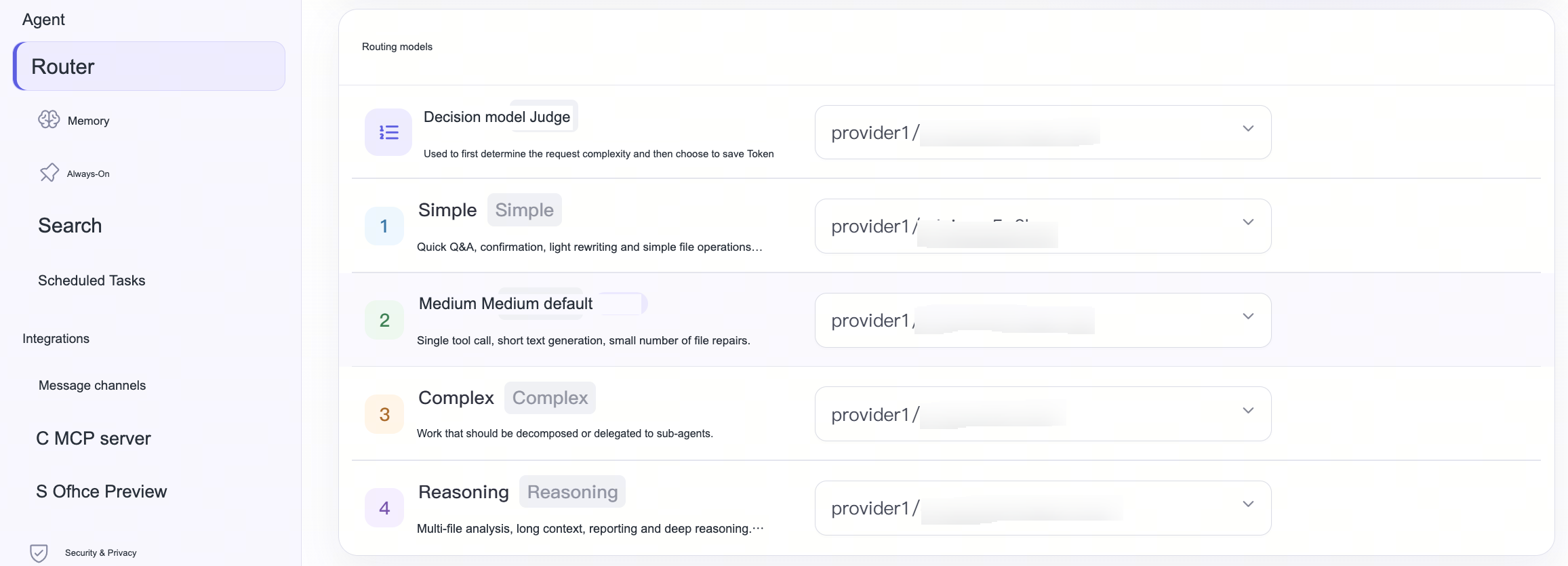 Routing model configuration, including decision model, Simple, Medium, Complex and Reasoning, Medium is marked as the default level