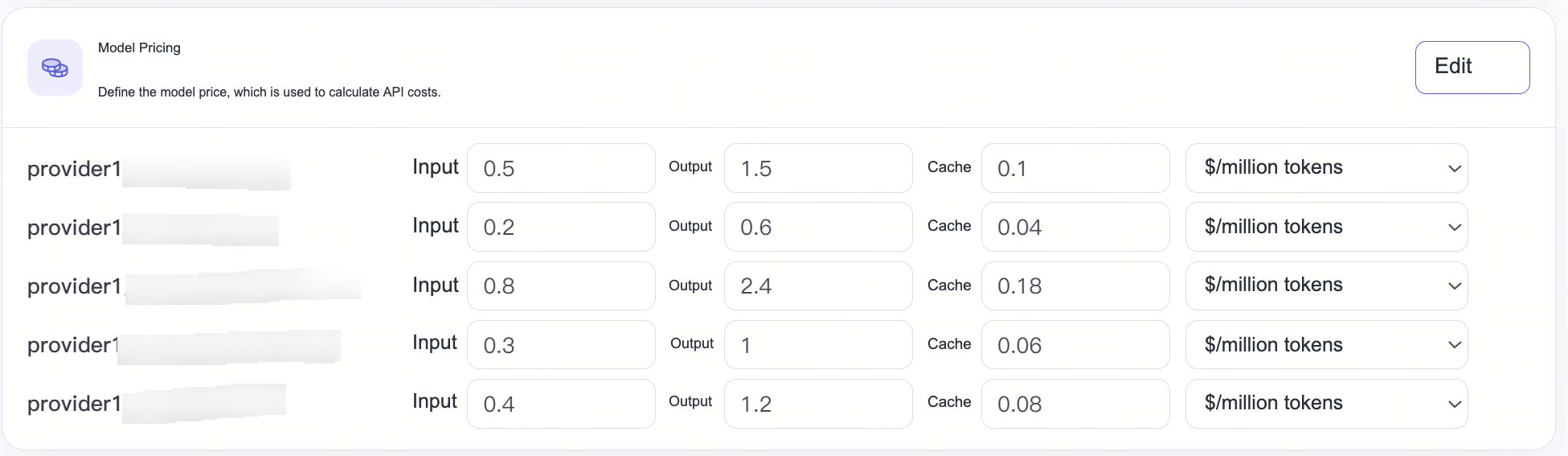 Model pricing panel, set input, output and cache prices by model, example unit is USD per million Tokens