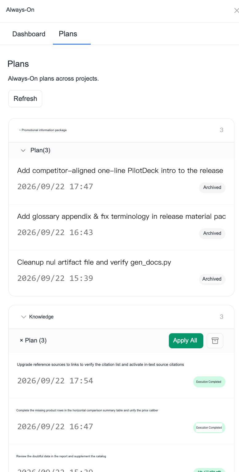 Resident plan list: View tasks, creation time, status and available actions by project