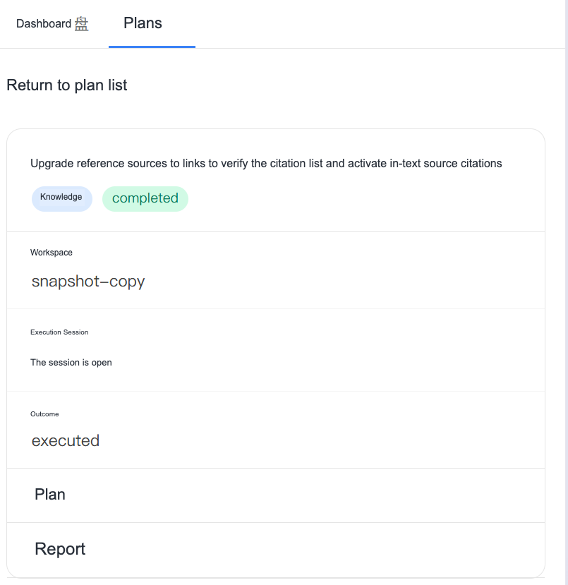 Permanent task details: View plans and reports, and open execution sessions
