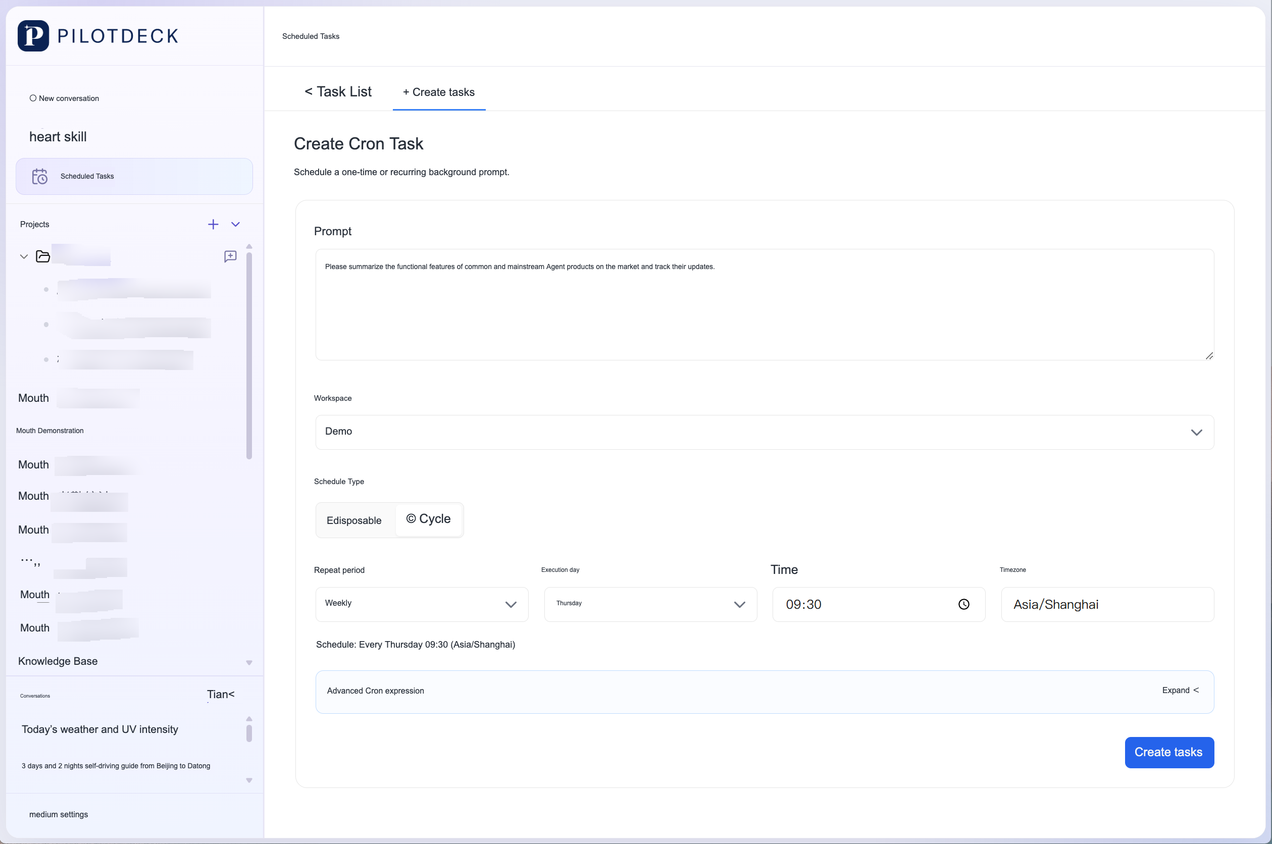 On the task creation page for scheduled tasks, you can fill in the prompt words, select the workspace and task type, and the screenshot shows the periodic tasks and advanced Cron expression entry that run every Thursday at 09:30 in the Asia/Shanghai time zone.