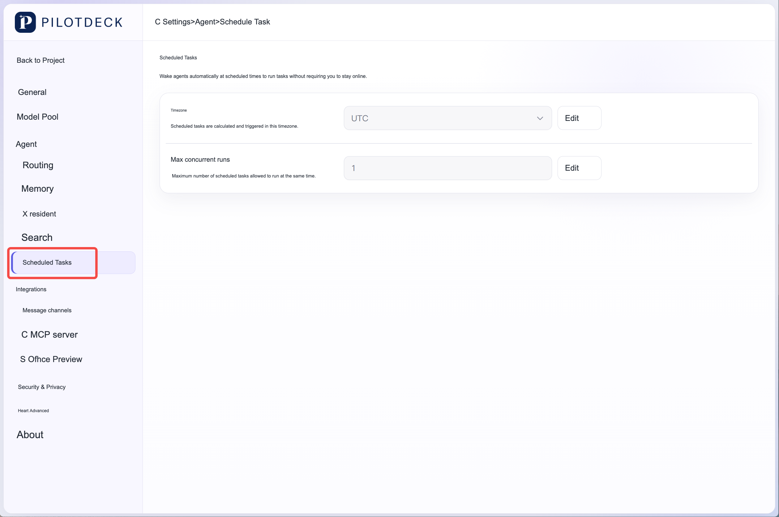 On the scheduled task page in the settings, you can edit the time zone and the maximum number of concurrent runs. The screenshots show UTC and 1 respectively.