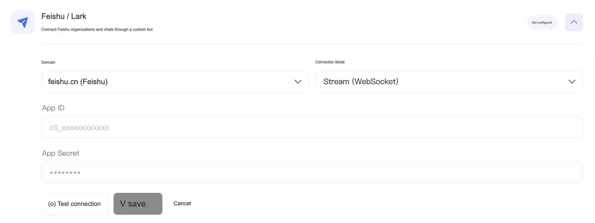 Feishu/Lark manual configuration form, including domain name, connection method, App ID, App Secret, as well as test connection and save buttons