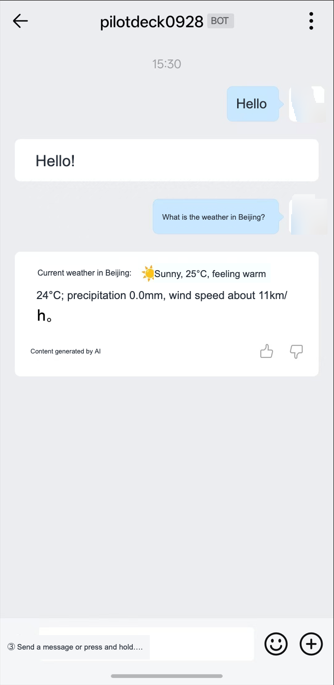 Example of a conversation between the Enterprise WeChat mobile app and the PilotDeck robot. The robot replies with greetings and weather inquiries.